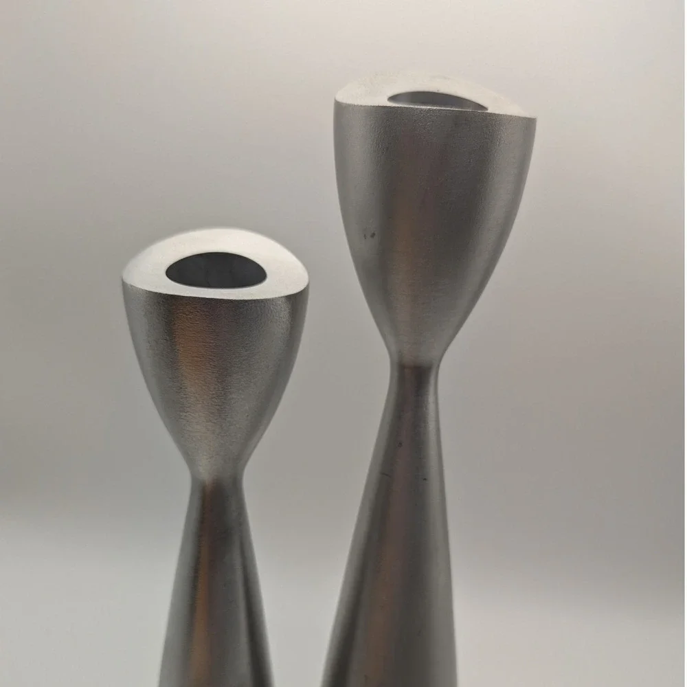 Vintage Mid Century Modern Brushed Silver Metal Taper Candlestick Holders Set 2